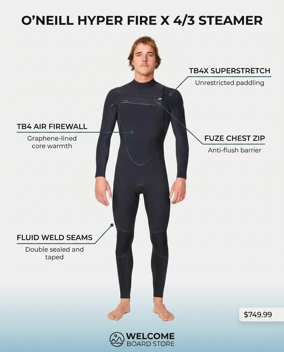 O'Neill Hyper Fire X 4/3 Chest Zip wetsuit feature infographic - TB4X Superstretch, TB4 Air Firewall graphene lining, FUZE chest zip, Fluid Weld seams