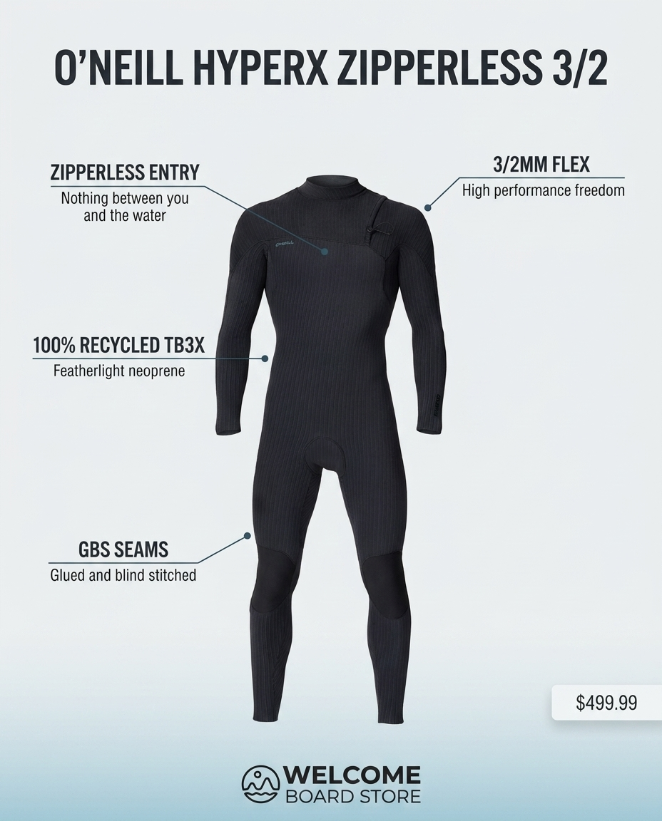 O'Neill HyperX Zipperless 3/2 wetsuit feature infographic - zipperless entry, 100% recycled TB3X neoprene, GBS seams, 3/2mm flex