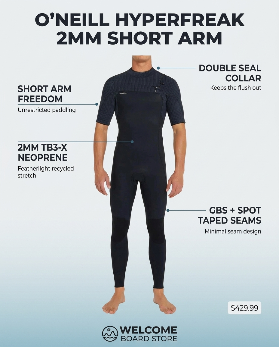 O'Neill HyperFreak 2mm Short Arm Steamer wetsuit feature infographic - short arm freedom, 2mm TB3-X neoprene, GBS and spot taped seams, double seal collar