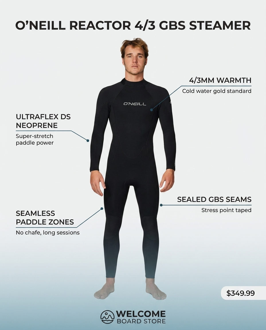 O'Neill Reactor 4/3 GBS Steamer wetsuit feature infographic - UltraFlex DS neoprene, 4/3mm warmth, sealed GBS seams, seamless paddle zones
