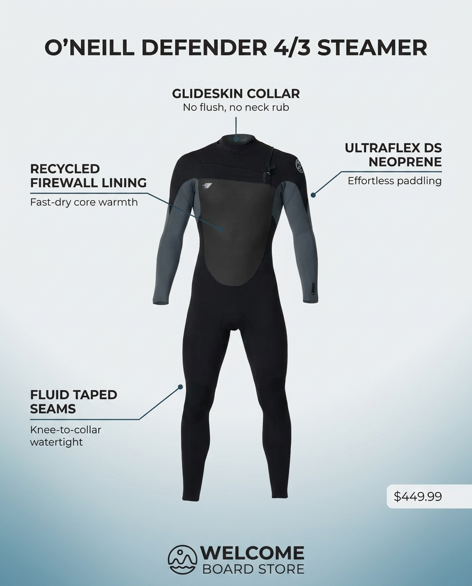 O'Neill Defender 4/3 Steamer Chest Zip wetsuit feature infographic - UltraFlex DS neoprene, recycled Firewall lining, fluid taped seams, Glideskin collar