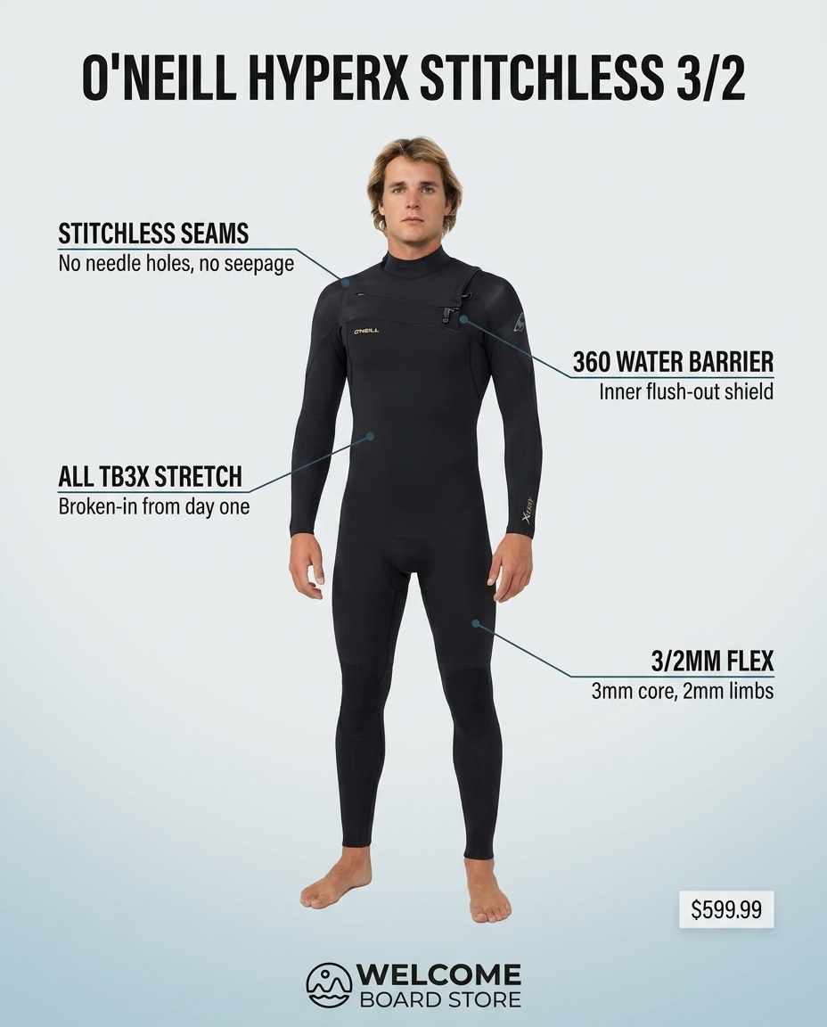 O'Neill HyperX Stitchless 3/2 Chest Zip wetsuit feature infographic - stitchless SST seams, all TB3X stretch, inner 360 water barrier, 3/2mm flex