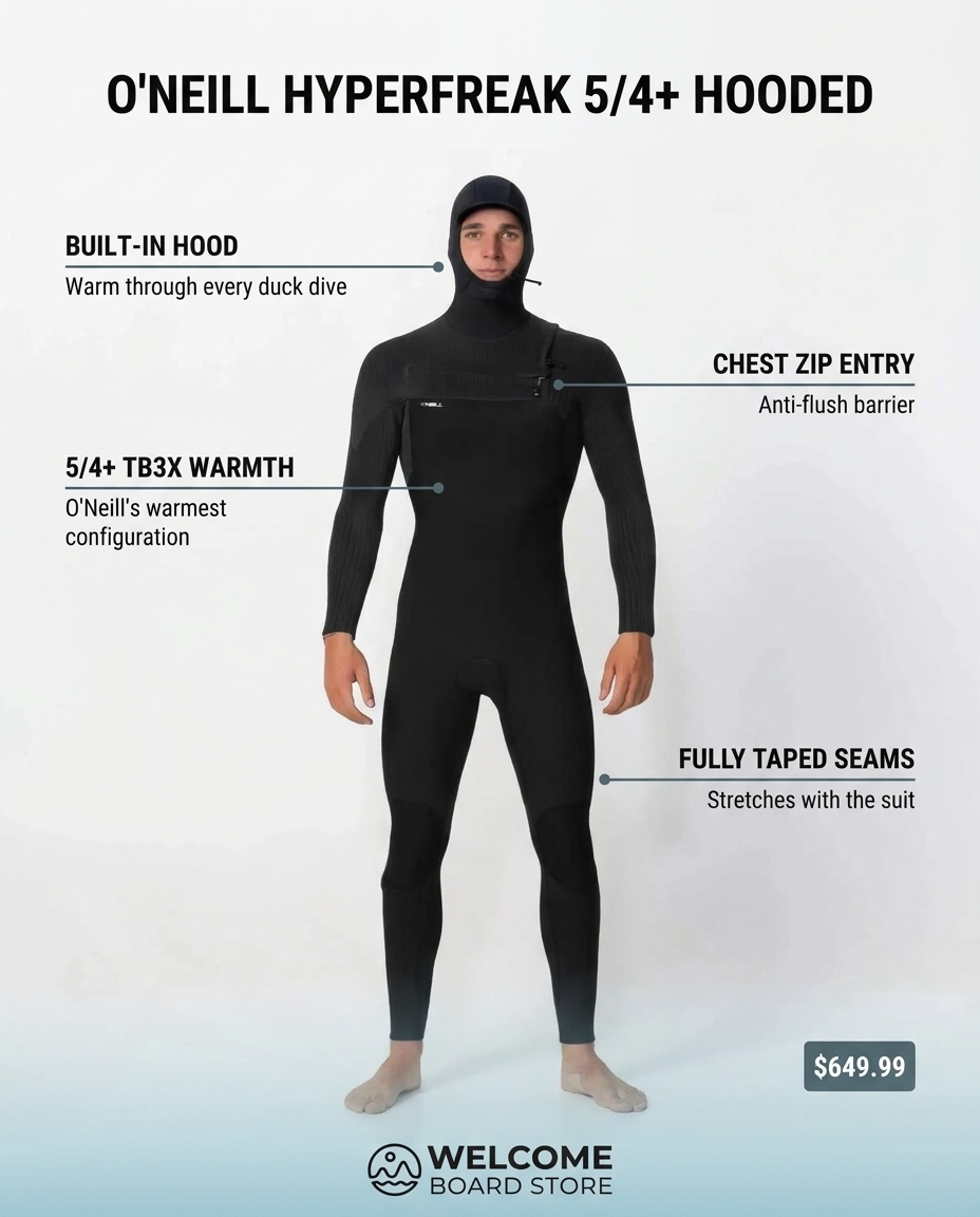O'Neill HyperFreak 5/4+ Hooded Steamer Chest Zip wetsuit feature infographic - built-in hood, 5/4+ TB3X warmth, chest zip entry, fully taped seams