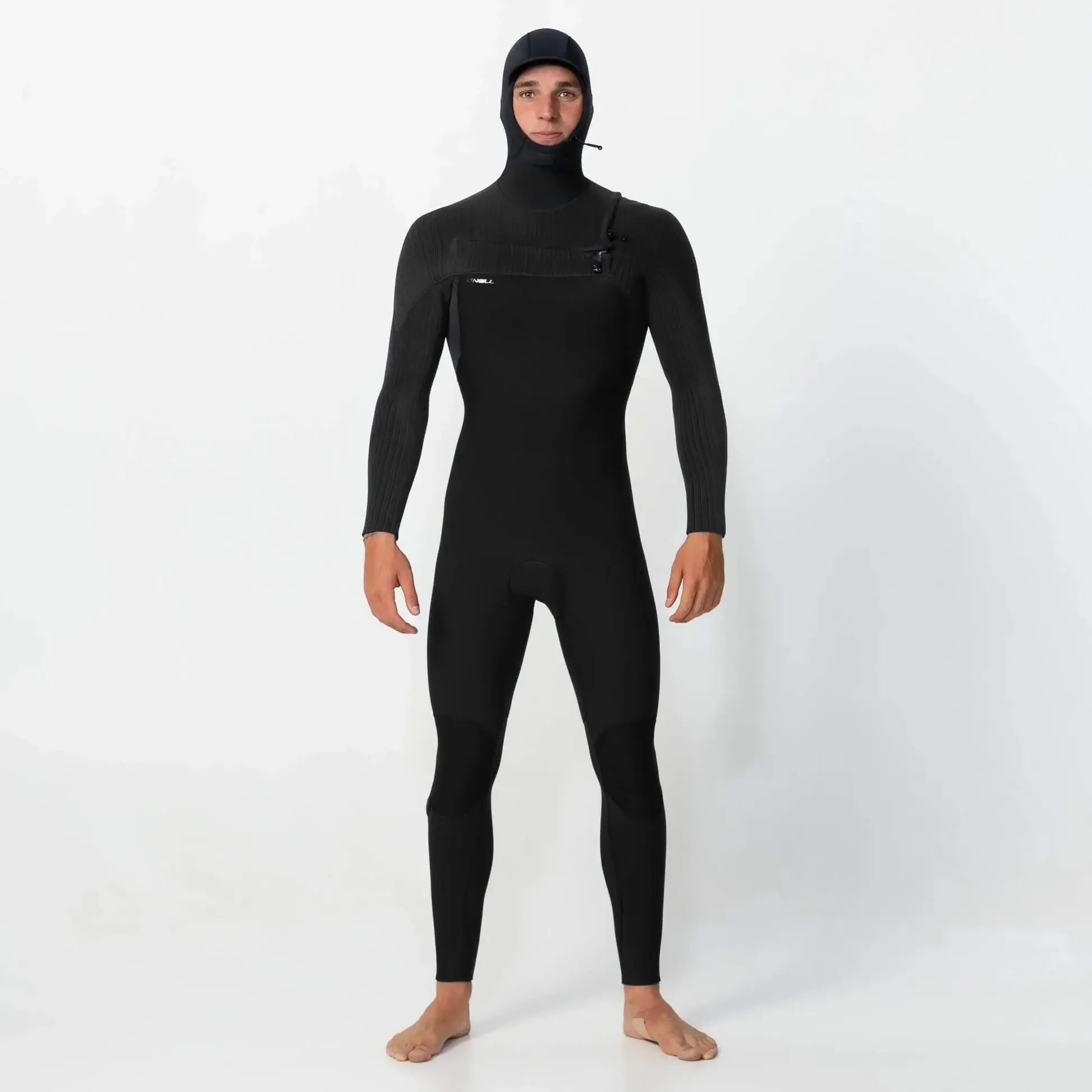 Person wearing a black wetsuit on a white background