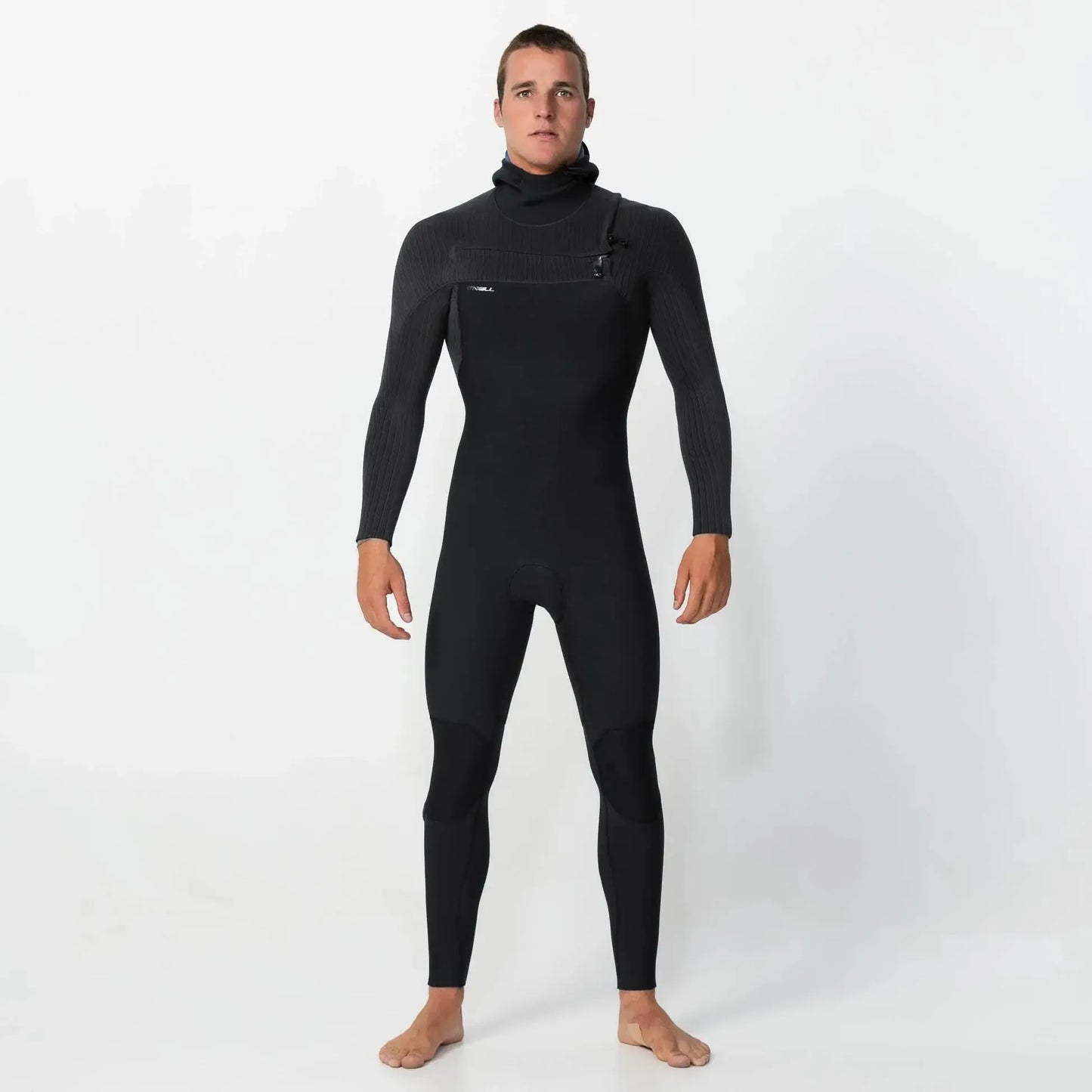 Man wearing a black wetsuit on a white background