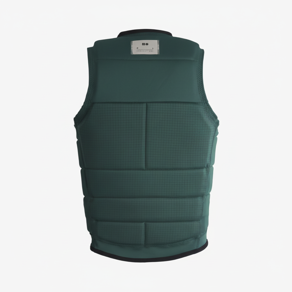 Emerald green wakeboard vest back view on white background