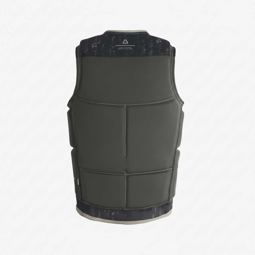Olive green wakeboard vest back view on white background