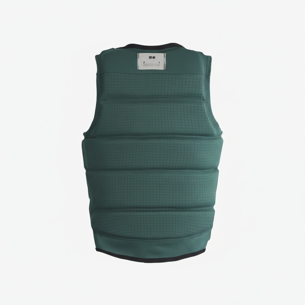 Emerald green wakeboard vest back view on white background