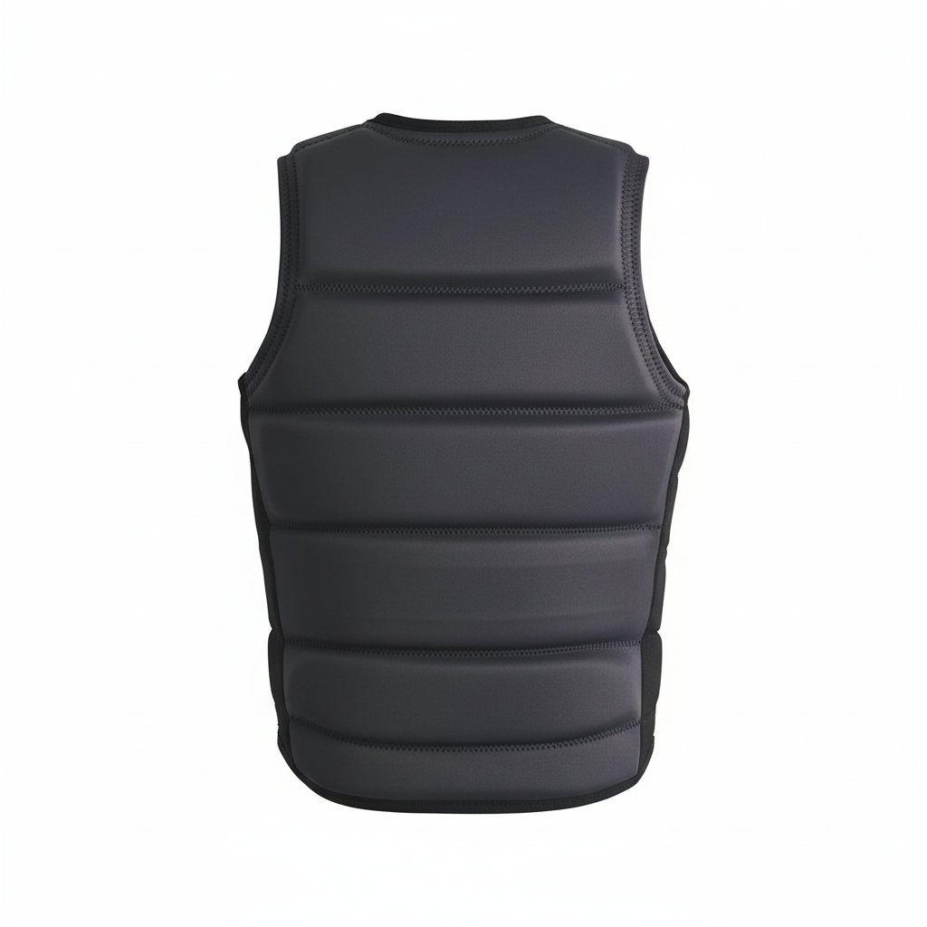 Black wakeboard vest back view on white background