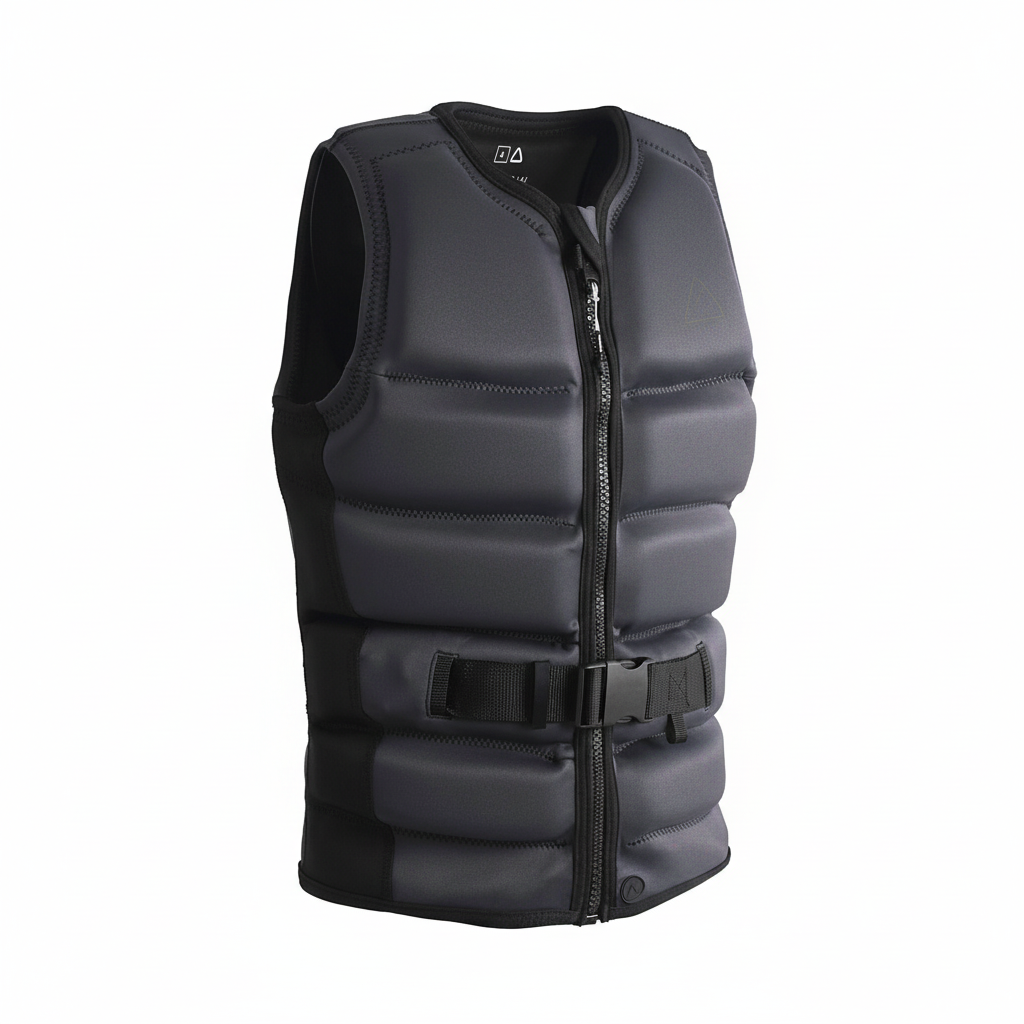 Black wakeboard vest side view on white background