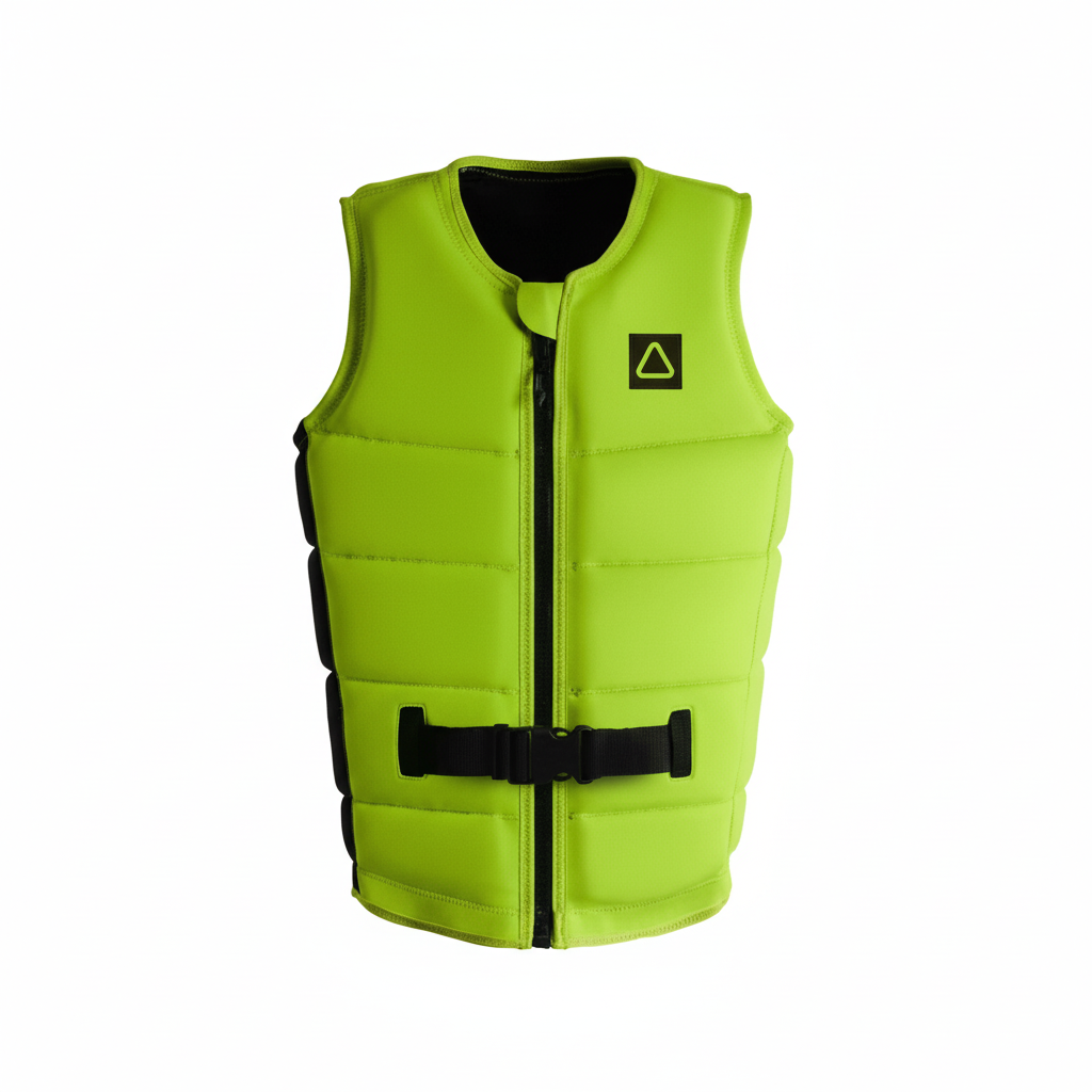 Neon yellow wakeboard vest on white background
