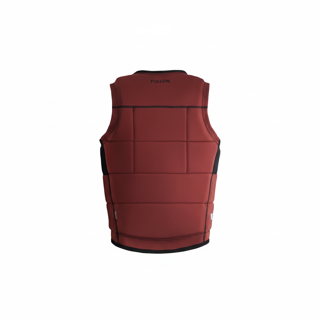 Rust colored wakeboard vest back view on white background