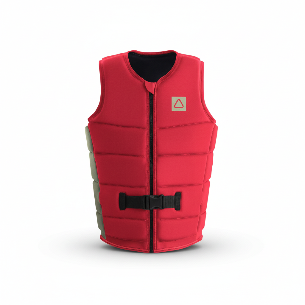 Red wakeboard vest front view on white background