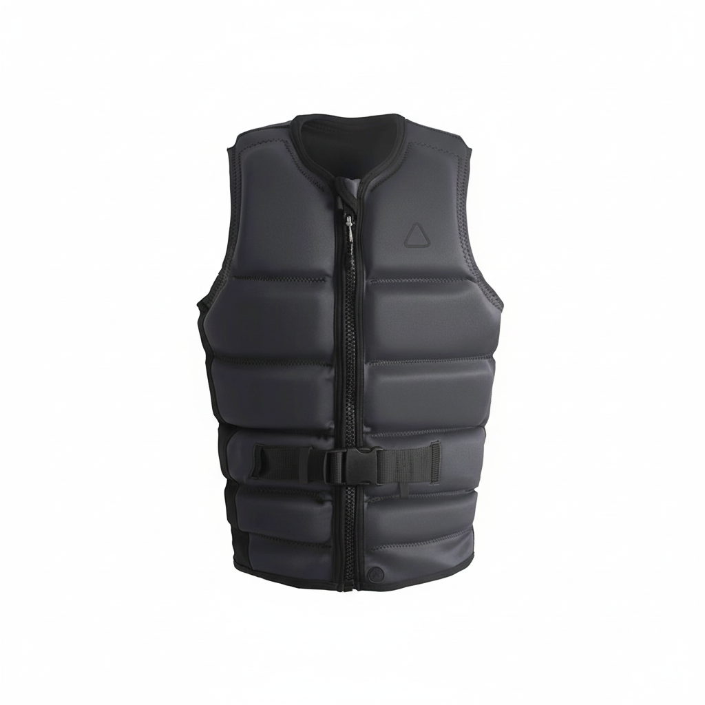 Black wakeboard vest front view on white background