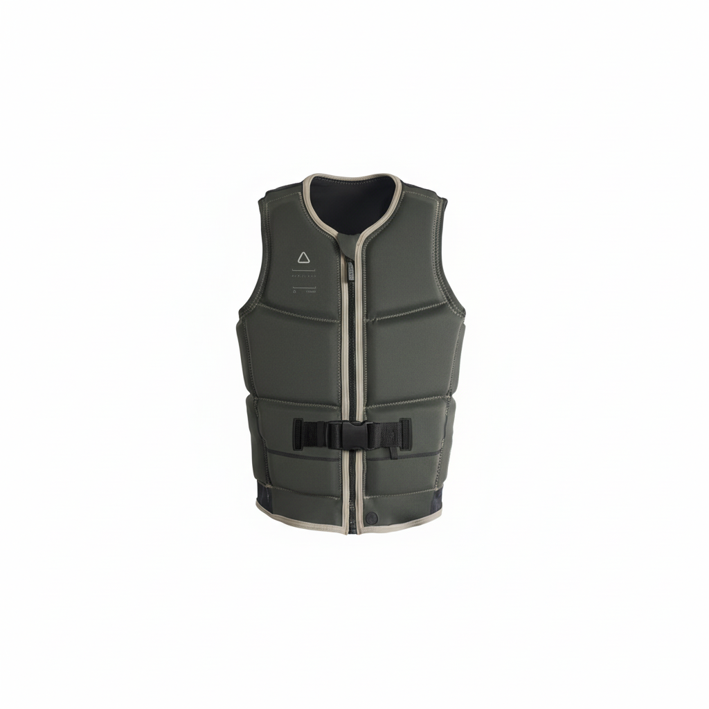 Olive green wakeboard vest front view on white background