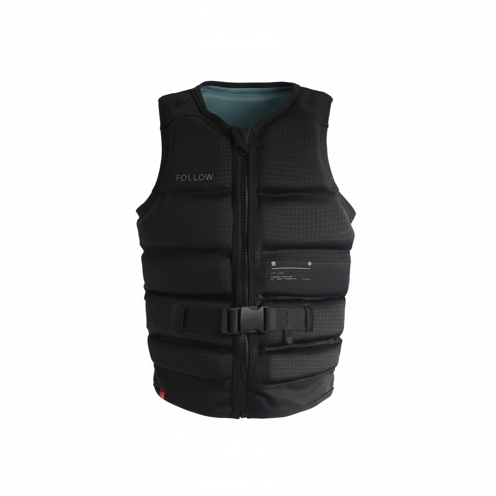 Black wakeboard vest front view on white background