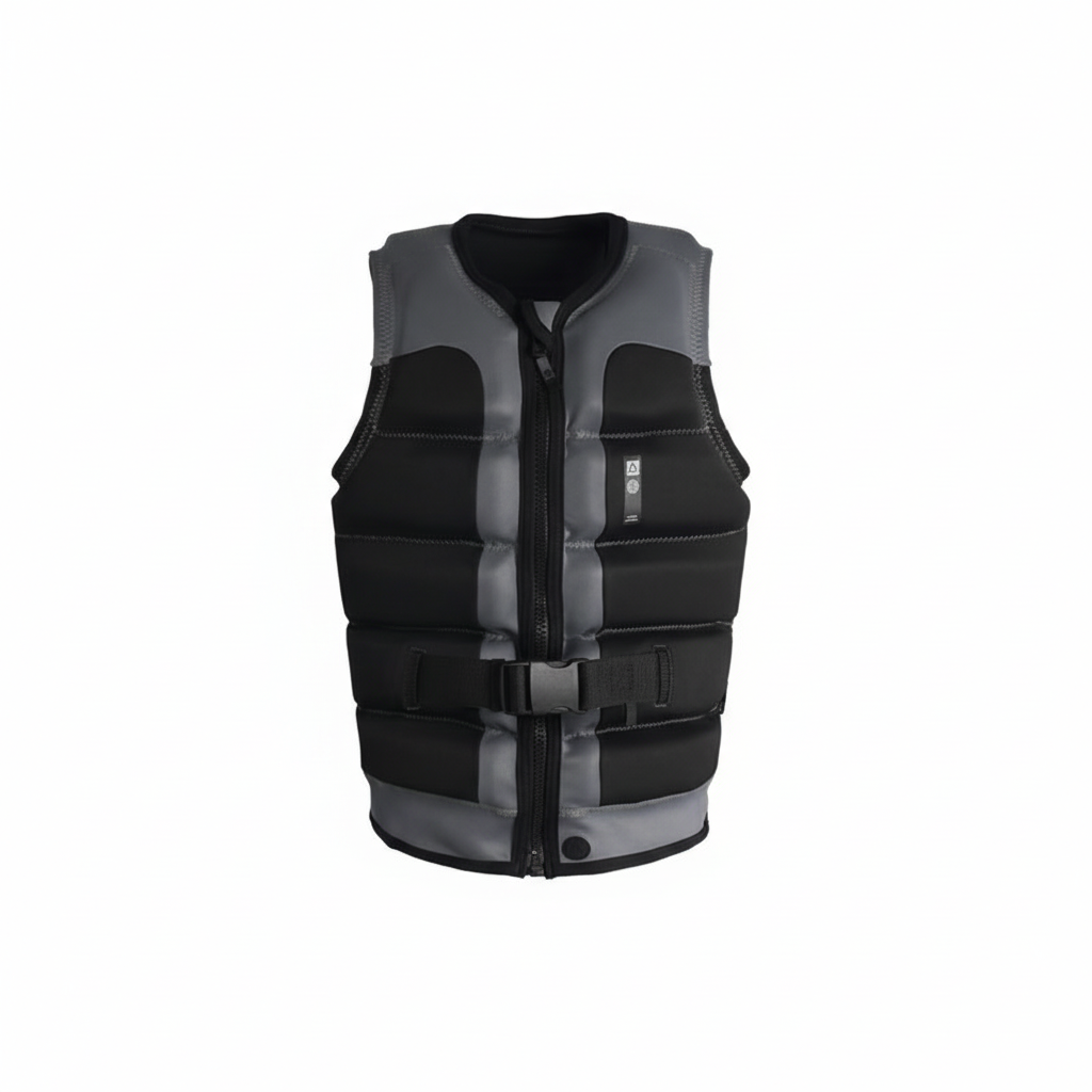 Black and grey youth wakeboard vest on white background