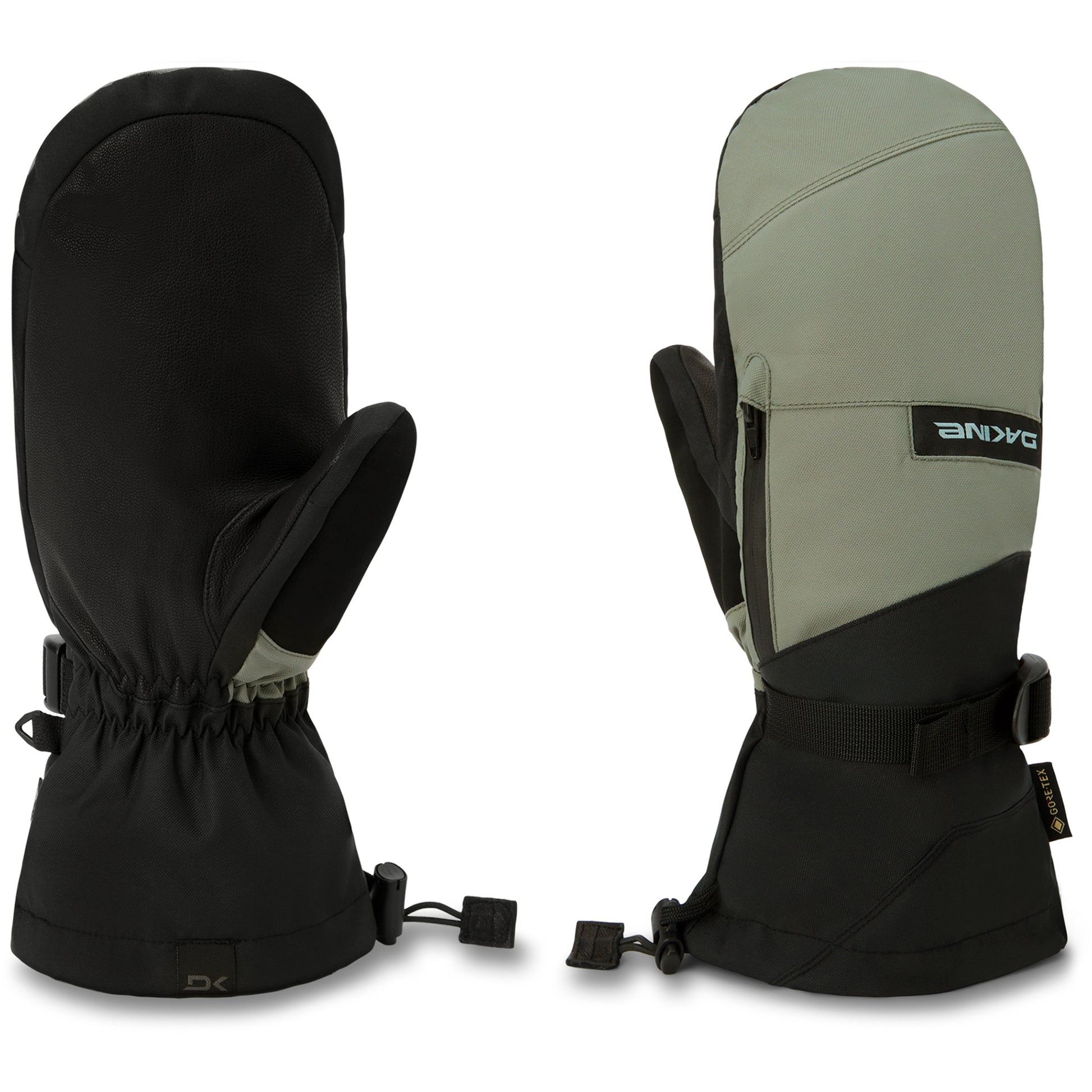 2026 Dakine Leather Titan Gore-Tex Mitt - Mulled Basil | Pair of black and beige mittens with brand logo on a white background