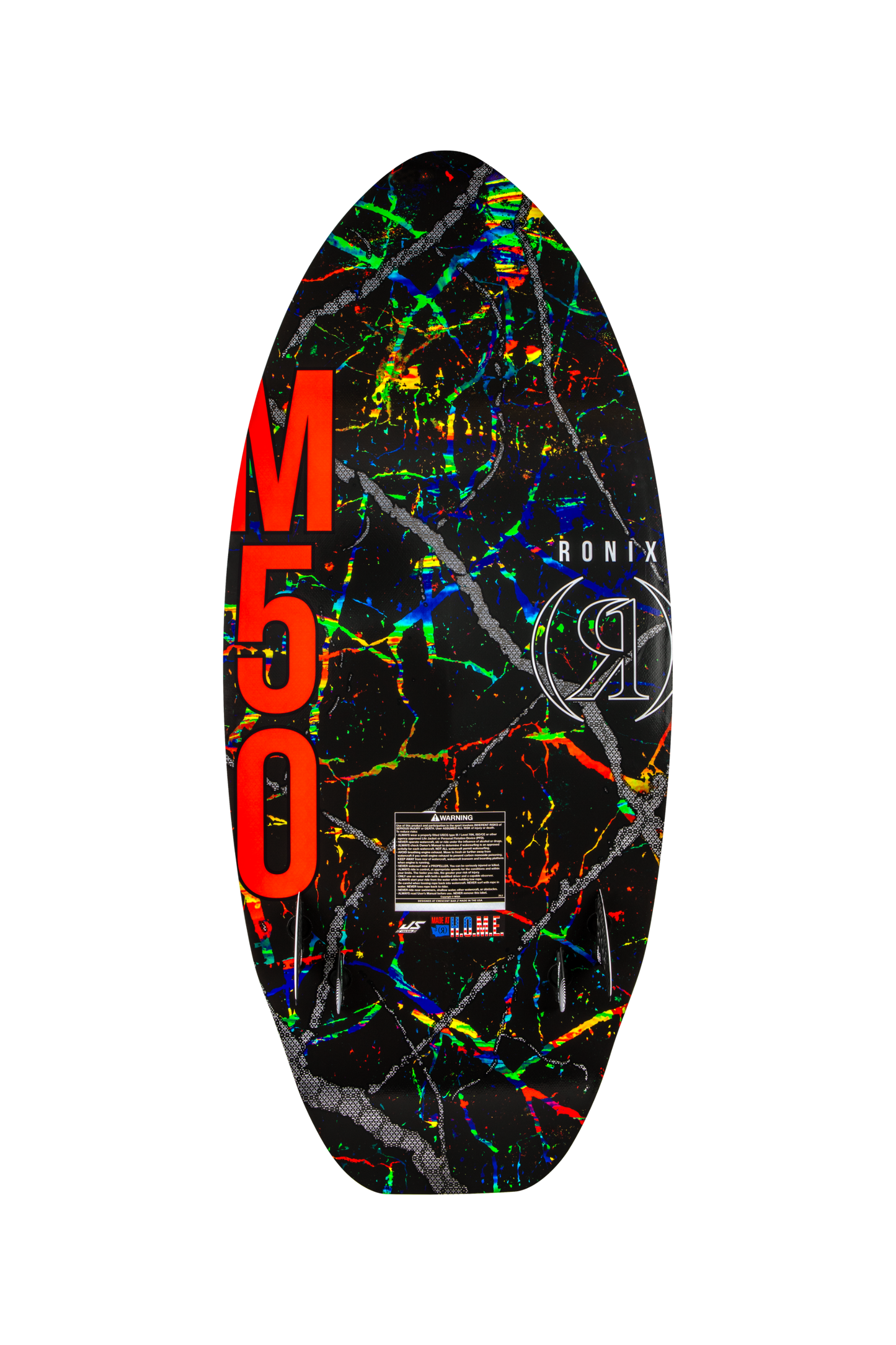 2027 Ronix M50 Dark Matter Wakesurf Distressed Color Palette — base with Cheese Grater fins