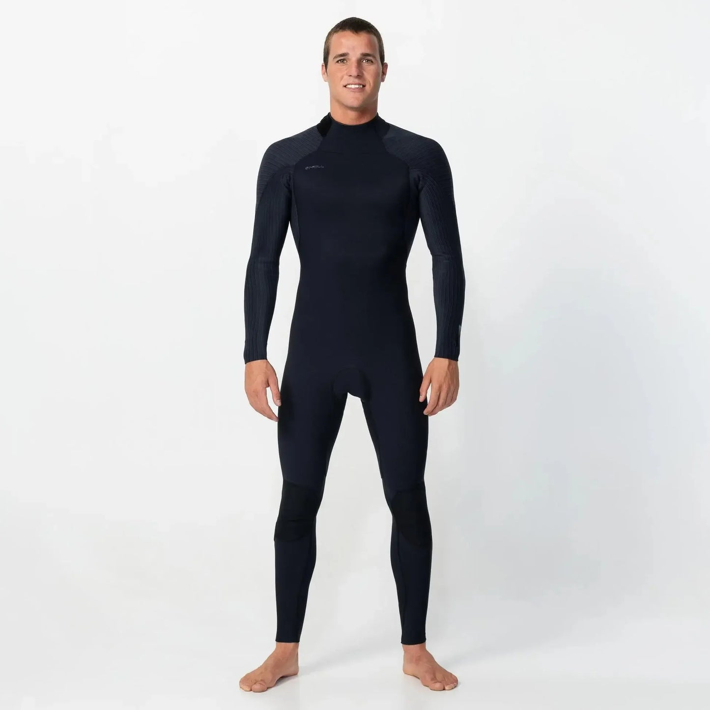 Man wearing a black wetsuit on a white background