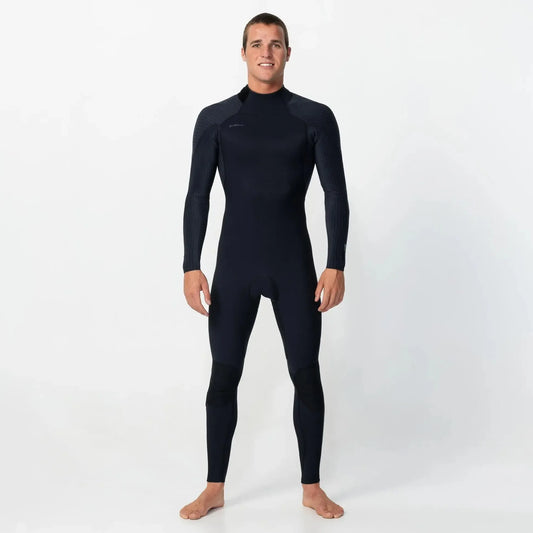 Man wearing a black wetsuit on a white background