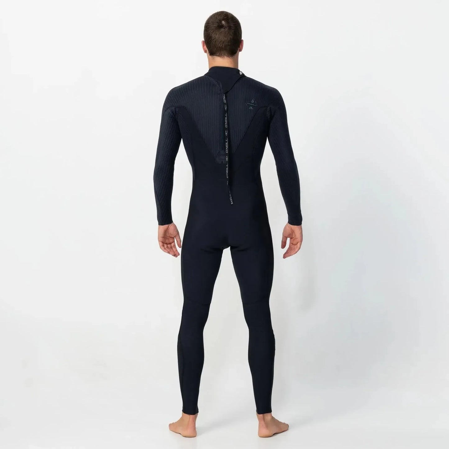 Person wearing a black wetsuit on a white background