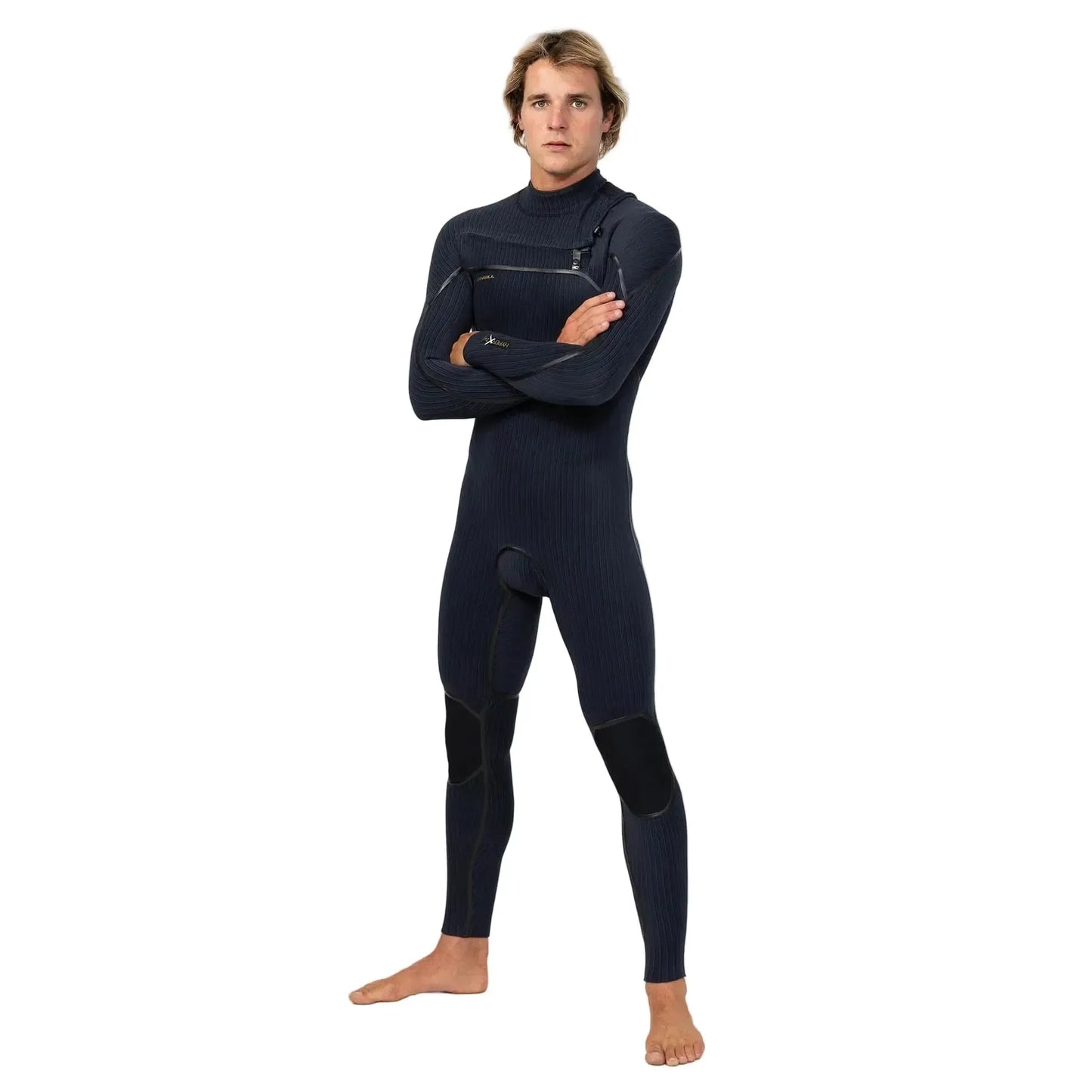 Man wearing black chest zip full wetsuit with reinforced knees, standing on white background