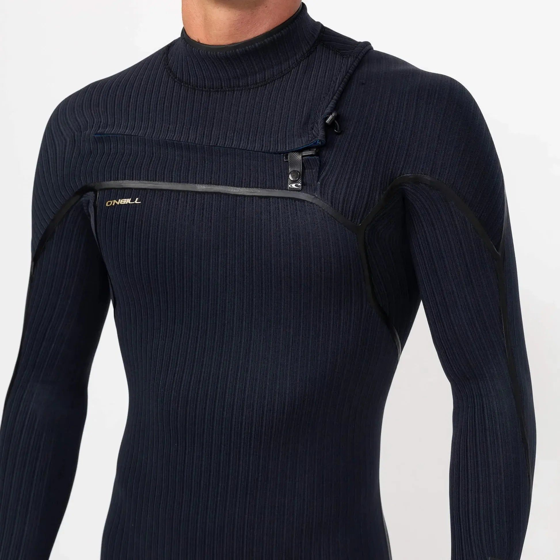 Men's black chest zip wetsuit with stitchless design and ribbed texture, upper body view