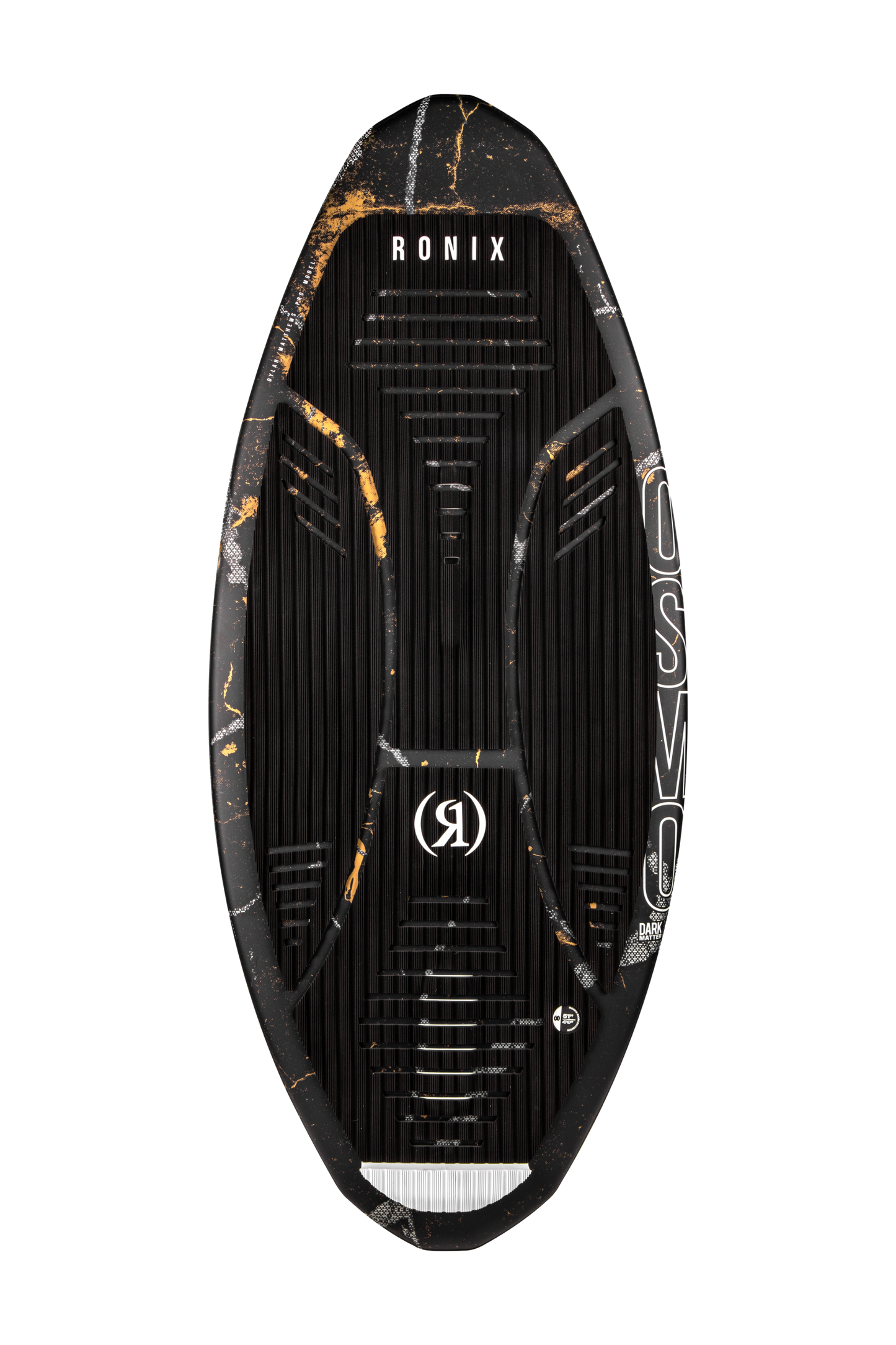 2027 Ronix Osmo Skimmer Dark Matter Wakesurf Black / Gold Treasure — topsheet with EVA and rubber traction