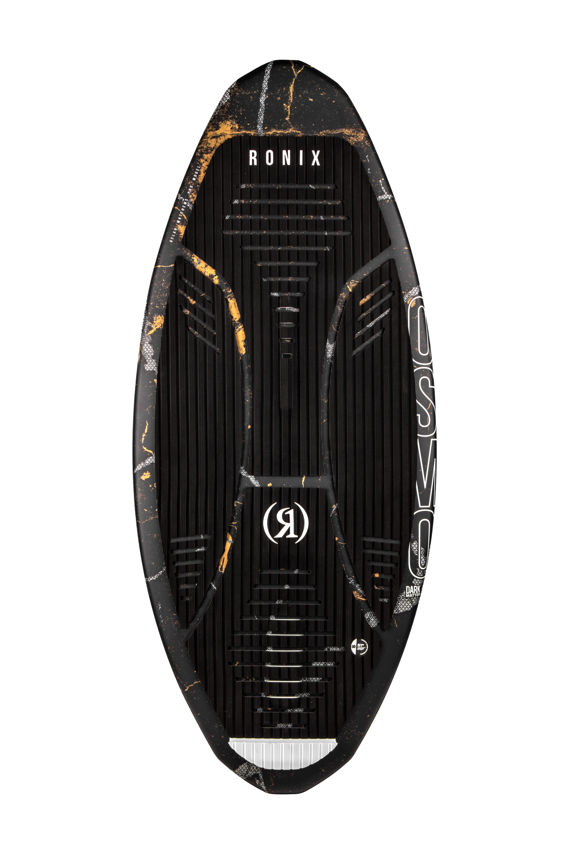 2027 Ronix Osmo Skimmer Dark Matter Wakesurf Black / Gold Treasure — topsheet with EVA and rubber traction