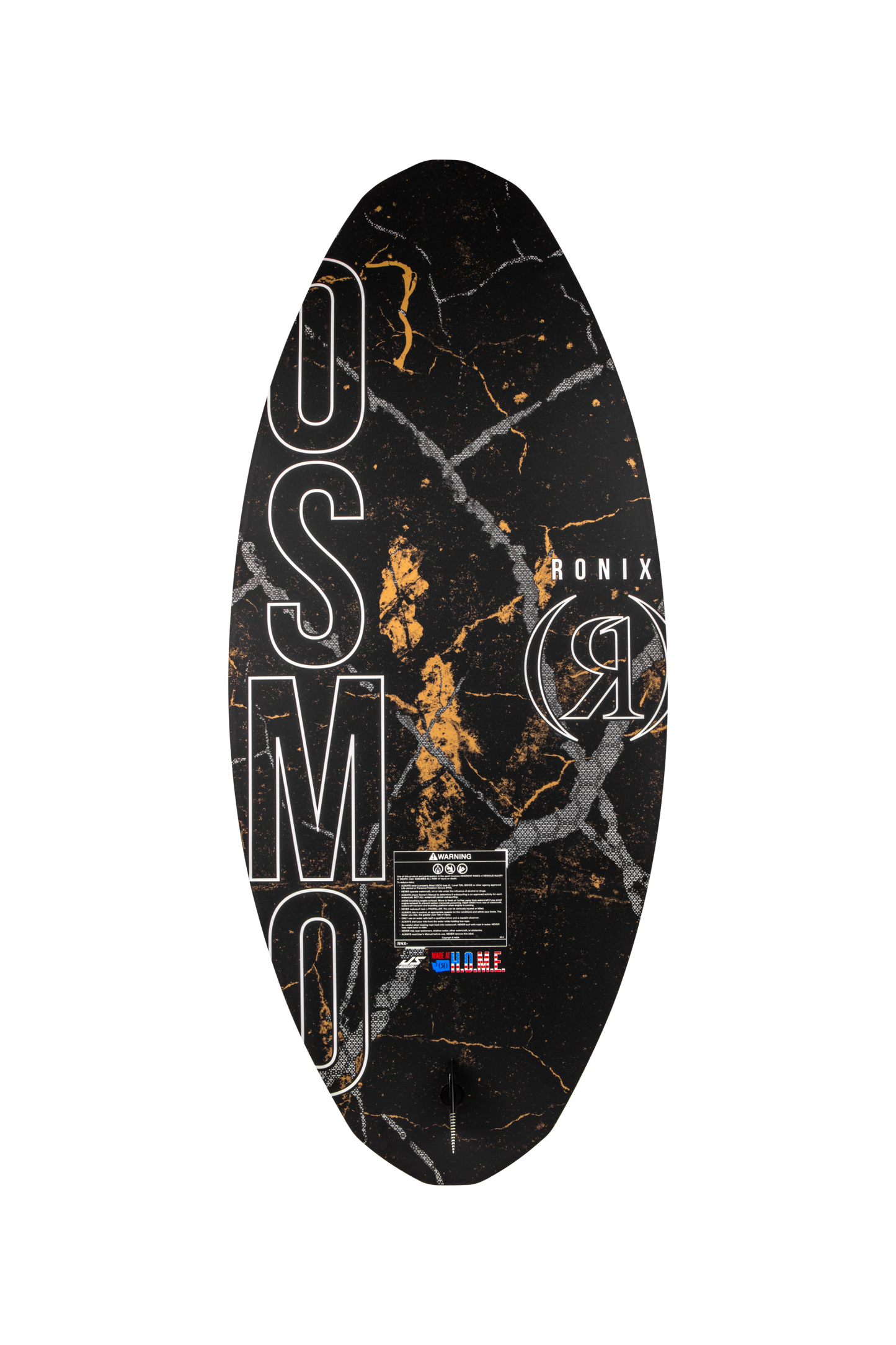 2027 Ronix Osmo Skimmer Dark Matter Wakesurf Black / Gold Treasure — base showing the Button Fin System