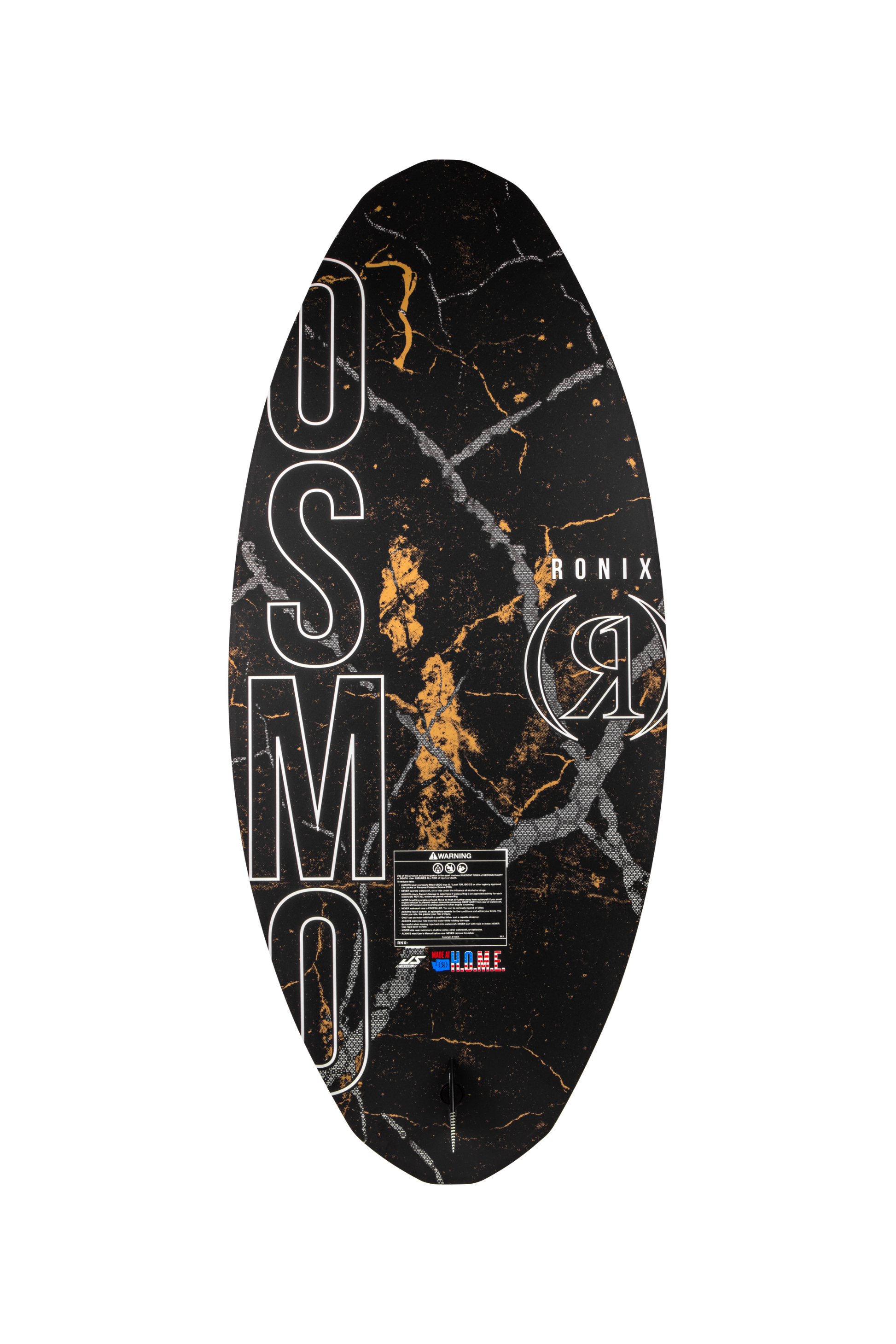 2027 Ronix Osmo Skimmer Dark Matter Wakesurf Black / Gold Treasure — base showing the Button Fin System