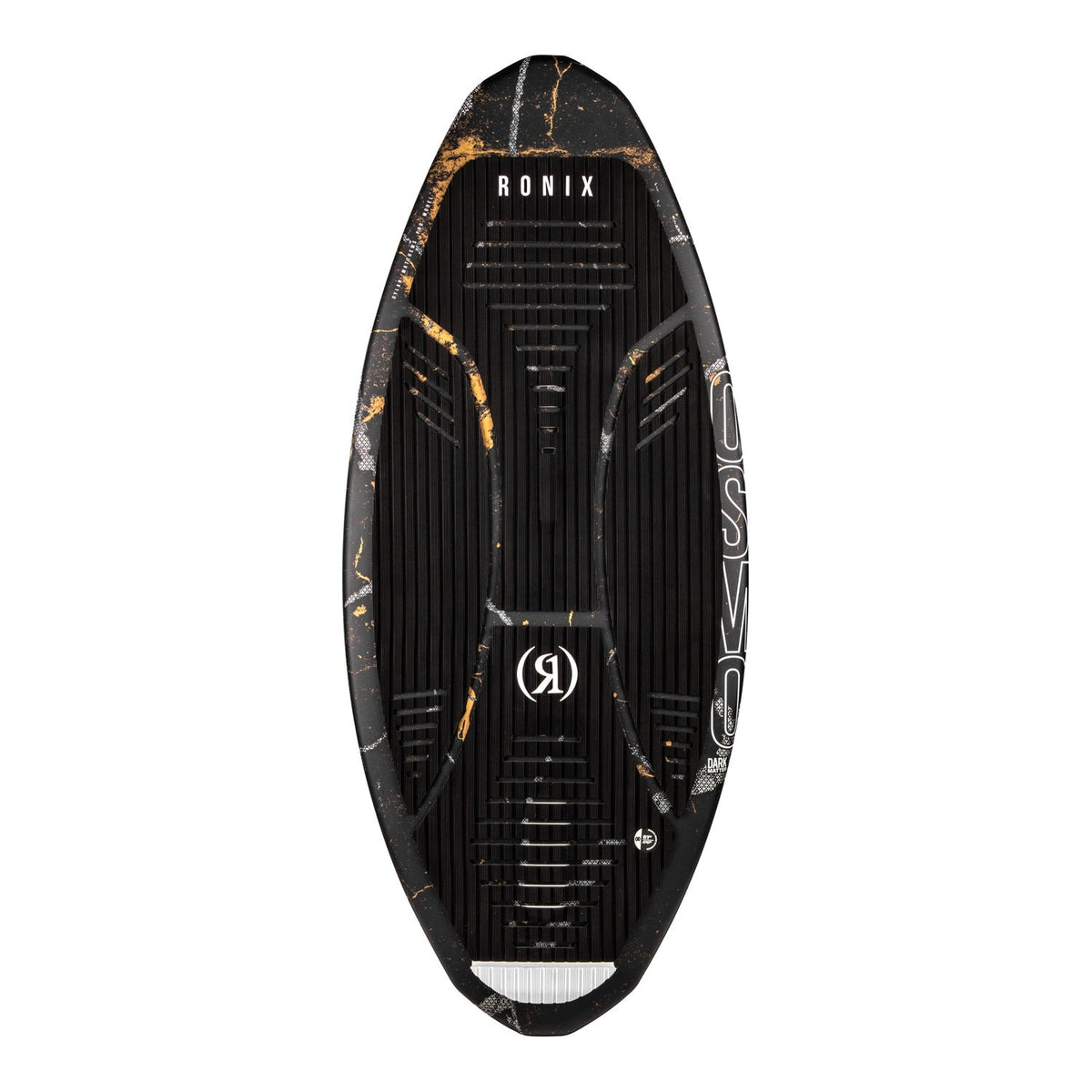2027 Ronix Osmo Skimmer Dark Matter Wakesurf Black / Gold Treasure — topsheet with EVA and rubber traction