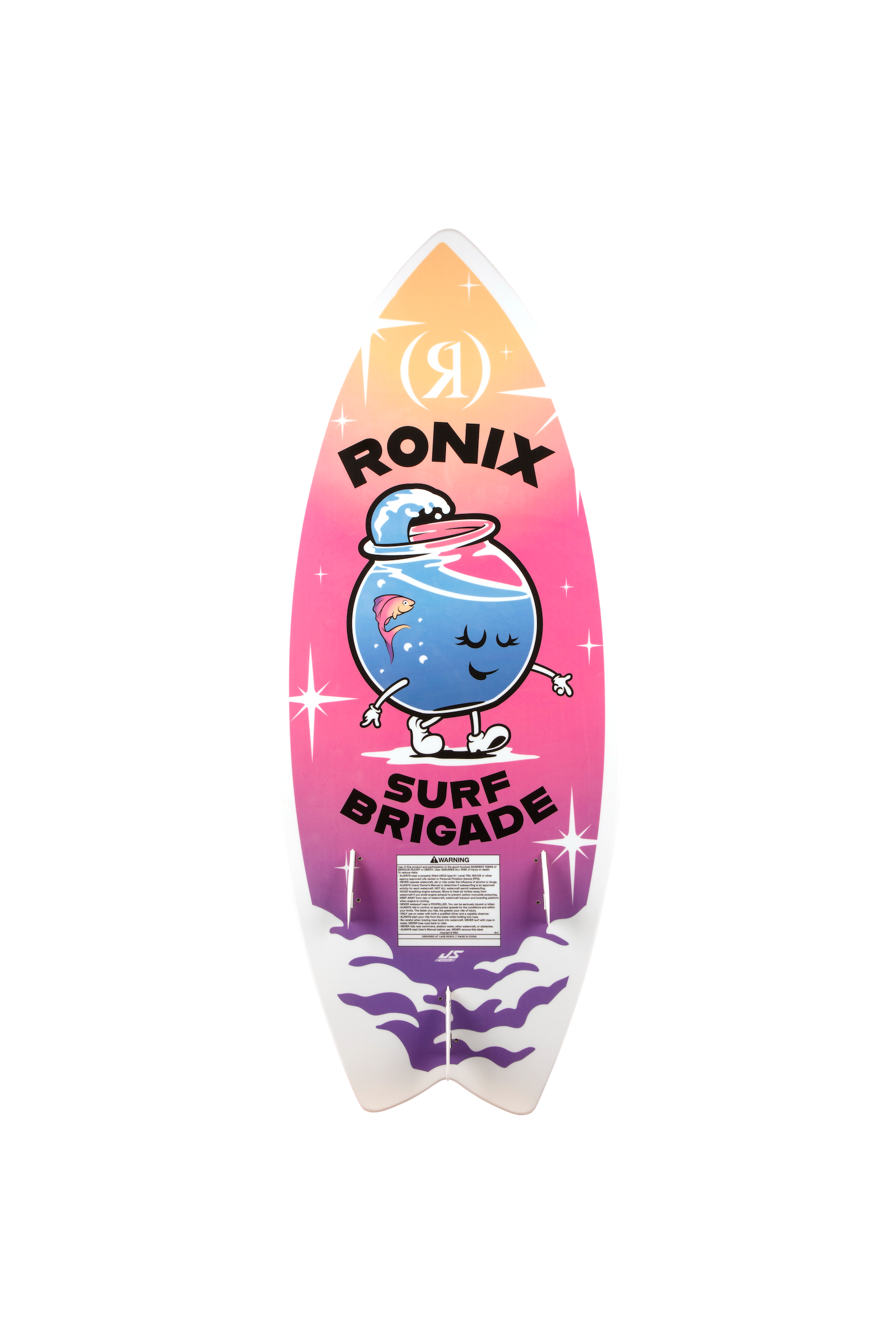 2027 Ronix Sonic Girls Fish Wakesurf Pink Splash — base with swallowtail and bottom-mount fins
