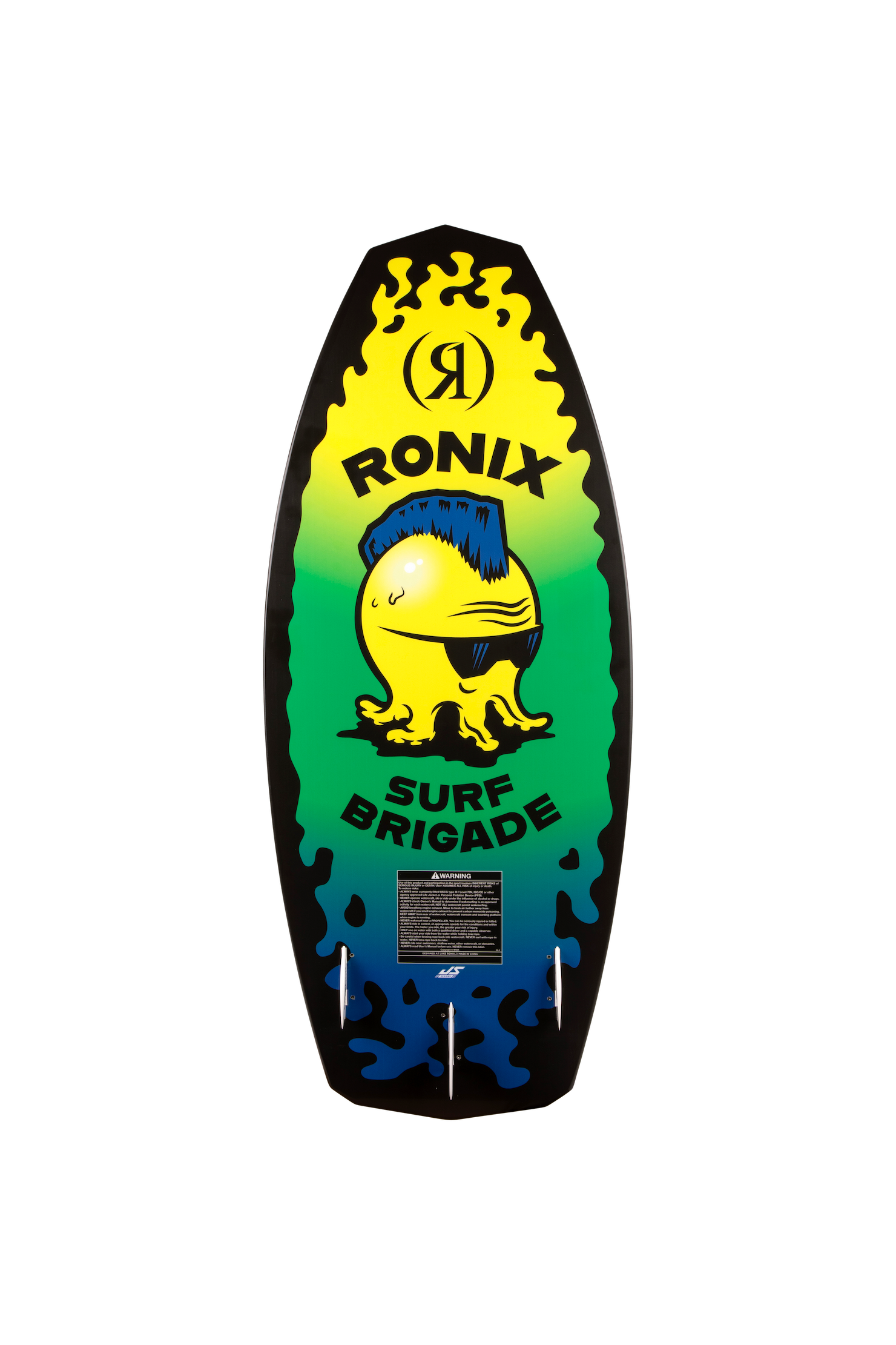 2027 Ronix Sonic Powertail Wakesurf Yellow / Green Squidhawk — base with bottom-mount fins