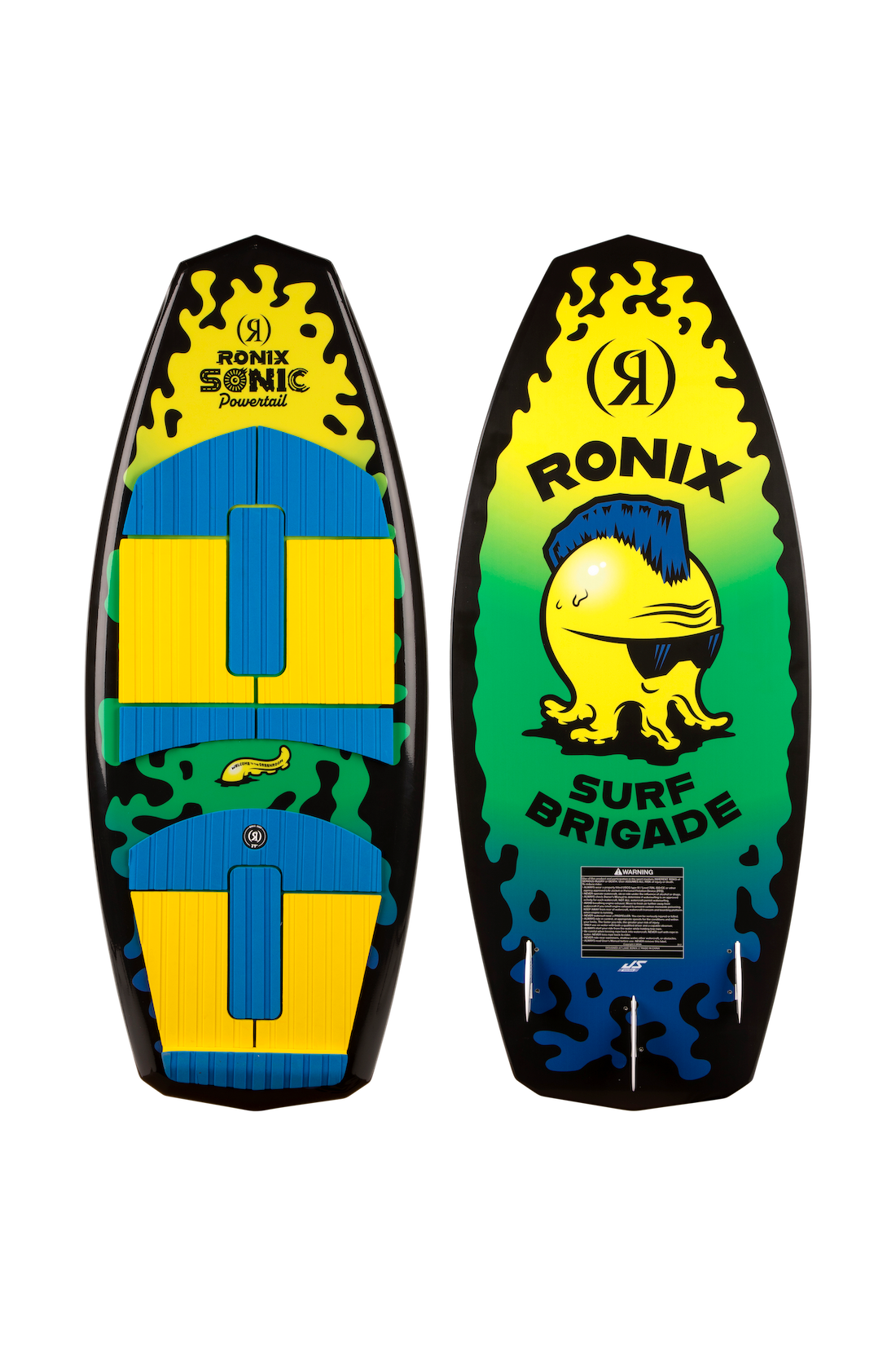 2027 Ronix Sonic Powertail Wakesurf Yellow / Green Squidhawk — topsheet and base together