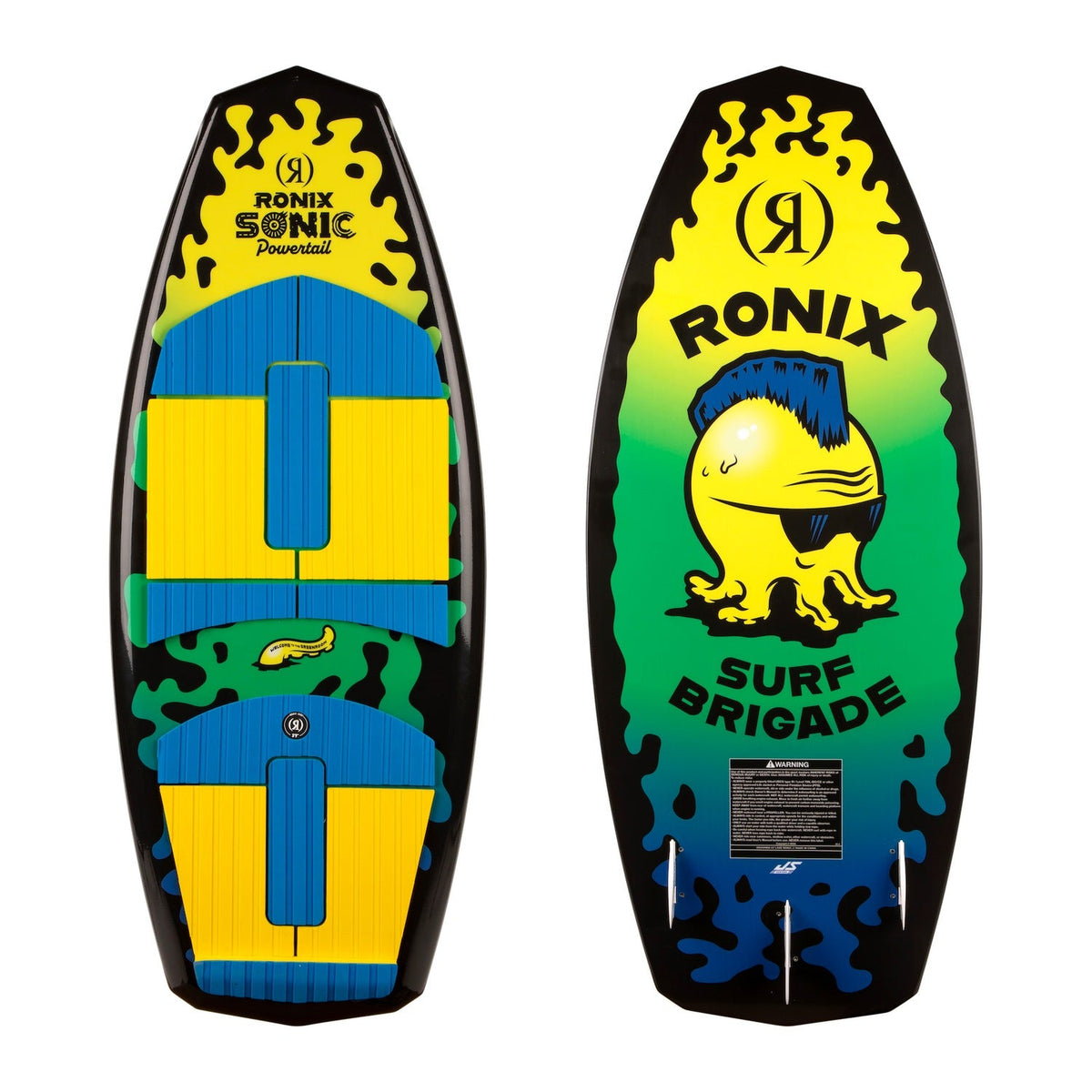 2027 Ronix Sonic Powertail Wakesurf Yellow / Green Squidhawk — topsheet and base together
