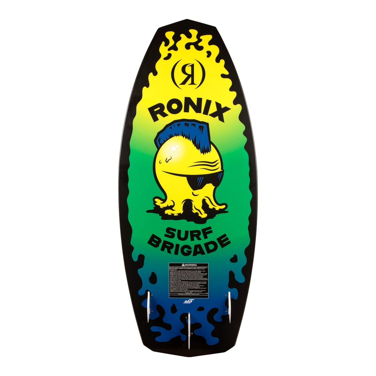 2027 Ronix Sonic Powertail Wakesurf Yellow / Green Squidhawk — base with bottom-mount fins