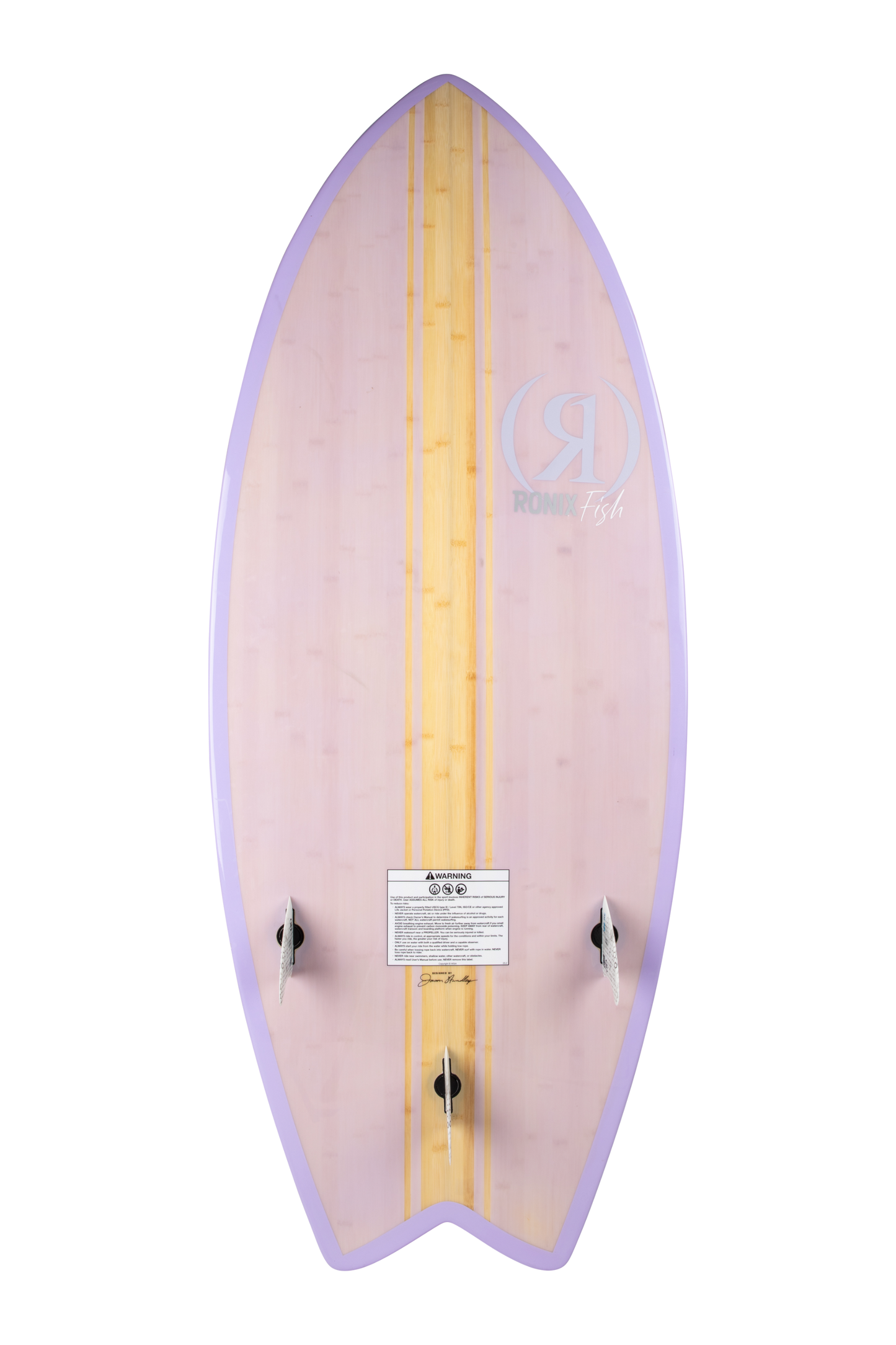 2027 Ronix Womens Koal Classic Fish Wakesurf Glossy Lilac Bamboo — base with swallowtail and thruster fins