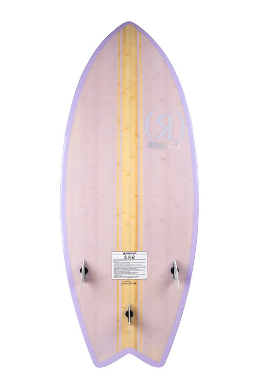 2027 Ronix Womens Koal Classic Fish Wakesurf Glossy Lilac Bamboo — base with swallowtail and thruster fins