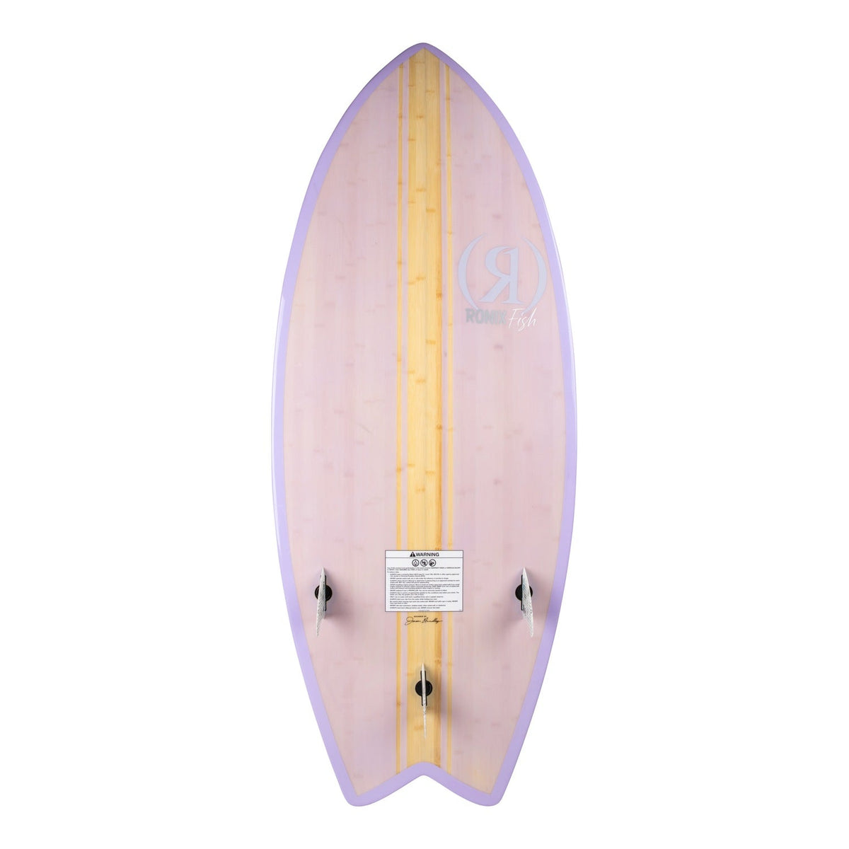 2027 Ronix Womens Koal Classic Fish Wakesurf Glossy Lilac Bamboo — base with swallowtail and thruster fins
