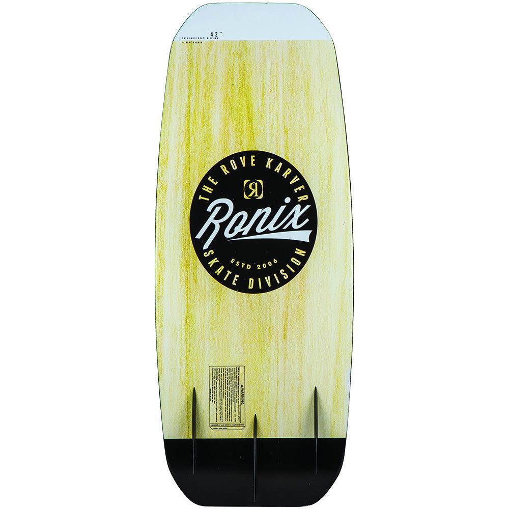 Ronix Karver wakeskate with wood grain finish and black fins, skate division graphic
